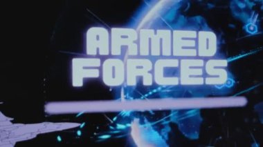 Dünya Gezegeni hologramının arka planında Silahlı Kuvvetler yazıları var. Uçan askeri uçaklarla grafiksel sunum. Askeri kavram.