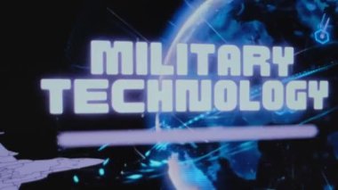 Dünya Gezegeni hologramının arka planında Askeri Teknoloji yazıları var. Uçan askeri uçaklarla grafiksel sunum. Askeri kavram.