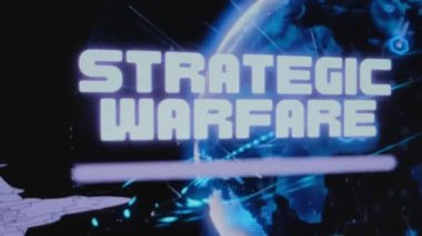 Dünya Gezegeni hologramının arka planında stratejik savaş yazıları var. Uçan askeri uçaklarla grafiksel sunum. Askeri kavram.