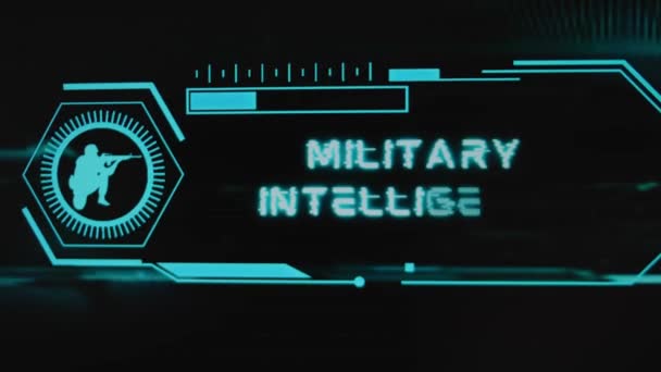 黑色背景上的军事情报铭文 带有尺度的霓虹灯感应器和带枪士兵的轮廓的图形演示 军事概念 — 图库视频影像