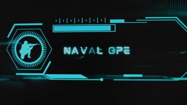 黒い背景にある海軍作戦の碑文 銃を持つ兵士のスケールとシルエットを備えたネオンセンサーによるグラフィックプレゼンテーション 軍事コンセプト — ストック動画