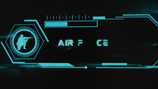 空军力量的铭文黑色背景与全息图 带有尺度和士兵轮廓的霓虹灯传感器的图形化演示 军事概念 — 图库视频影像