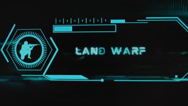 Napis Land Warfare Czarnym Tle Hologramami Graficzna Prezentacja Neonowymi Czujnikami — Wideo stockowe