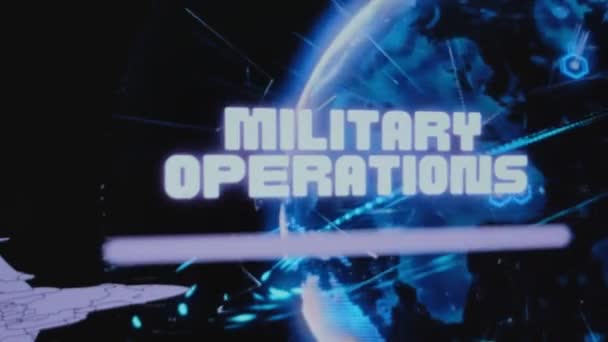 Militära Operationer Inskription Bakgrund Roterande Digital Earth Hologram Grafisk Presentation — Stockvideo