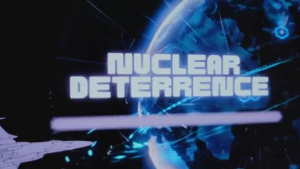 Nucleaire Deterrence Inscriptie Achtergrond Van Draaiend Neon Digital Earth Hologram — Stockvideo