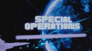 Dönen neon dijital dünya hologramının arka planında özel harekat yazıları var. Uçan askeri uçağın grafiksel sunumu. Askeri kavram.