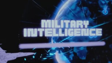 Dönen neon dijital dünya hologramının arka planında Askeri İstihbarat yazıları var. Uçan askeri uçağın grafiksel sunumu. Askeri kavram.