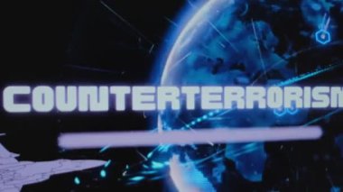 Neon Dijital Dünya hologramının arka planında terörle mücadele yazıları var. Uçan askeri uçağın grafiksel sunumu. Askeri kavram.