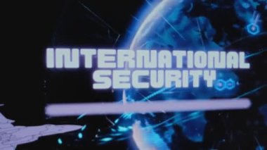 Dijital Dünya hologramının roket saldırılarıyla dönüşünün arkaplanındaki Uluslararası Güvenlik yazıtları. Uçan askeri uçağın grafiksel sunumu. Askeri kavram.