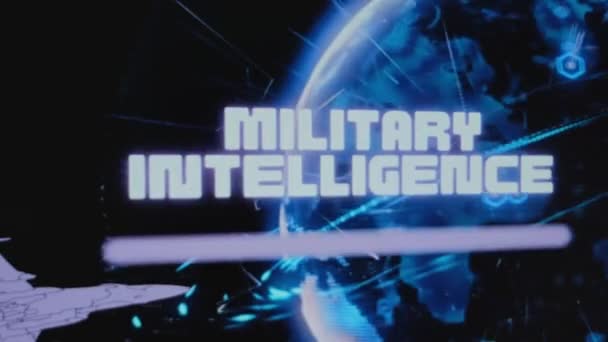 Inscrição Inteligência Militar Fundo Holograma Neon Rotativo Terra Digital Apresentação — Vídeo de Stock