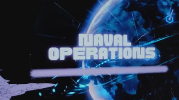 ネオンデジタル地球ホログラムを回転する背景にある海軍作戦の碑文 飛行機によるグラフィックプレゼンテーション 軍事コンセプト — ストック動画