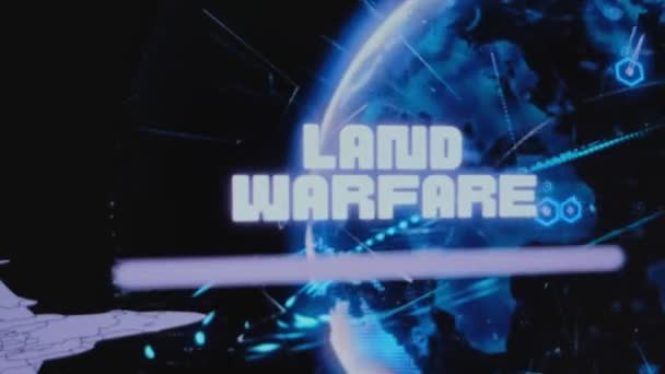 Надпись Land Warfare Фоне Вращающейся Голограммы Digital Earth Помощью Кибератаки — стоковое видео