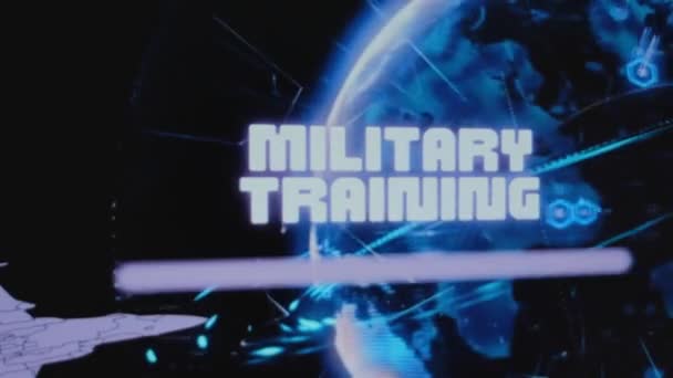 Inscrição Treinamento Militar Fundo Holograma Digital Rotativo Terra Com Ciberataque — Vídeo de Stock