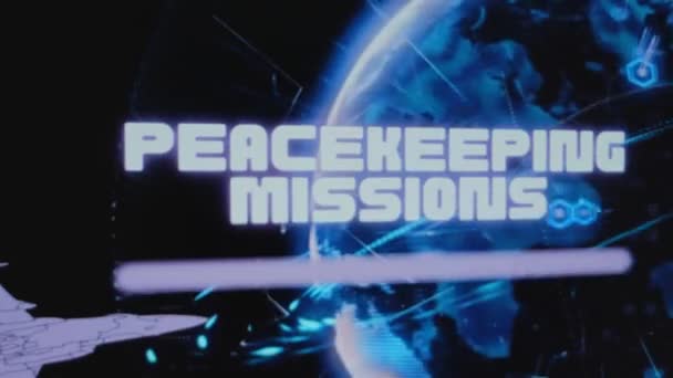 Надпись Миссии Поддержанию Мира Фоне Вращающейся Голограммы Digital Earth Ракетными — стоковое видео