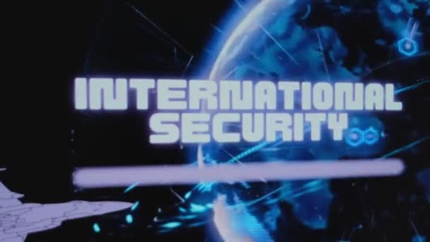 Nemzetközi Biztonsági Felirat Háttérben Forgó Digitális Földi Hologram Rakétatámadásokkal Grafikus — Stock videók