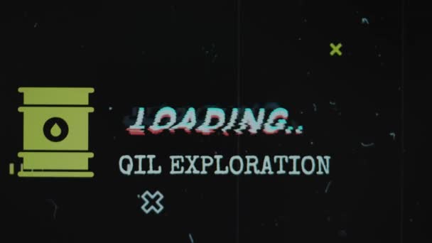 古いフィルム効果の黒い背景に油探査ローディングの碑文 オイルバレルシンボルによるグラフィックプレゼンテーション ガスコンセプト — ストック動画