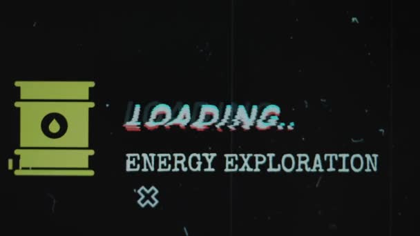 Energy Exploration Loading Inscription Black Background Old Film Effect Graphic — Stock Video