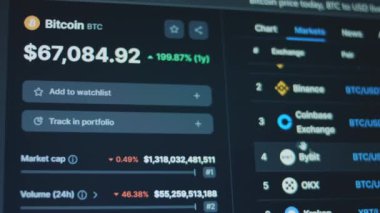 Bilgisayar ekranında Bitcoin fiyatı. Fiyat yükseliyor. Kripto para ve finansal piyasa değerleri. Değişim konsepti