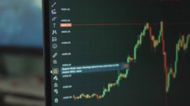 Bilgisayar ekranında mumlar olan bitcoin fiyat grafiği. Kripto para ve finansal piyasa değerleri. Değişim konsepti