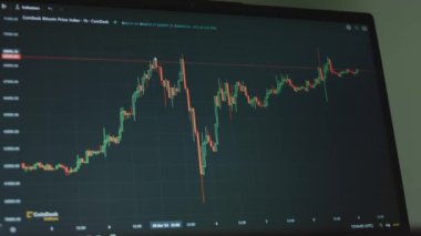 Bilgisayar ekranında mumlar olan Bitcoin para birimi grafiği. Grafik analizi için Fib Channel kullanılıyor. Kripto para ve finansal piyasa değerleri. Değişim konsepti
