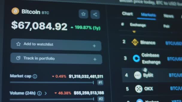 Bitcoin Price Computer Screen Price Rise Cryptocurrency Financial Market Values — Stock Video