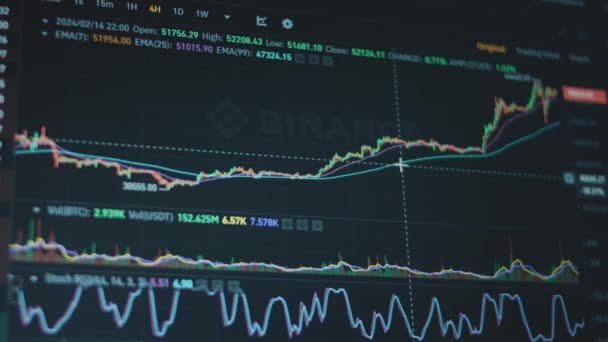 Bitcoin Grafiek Het Computerscherm Fundamentele Technische Analyse Met Grafiek Kandelaar — Stockvideo