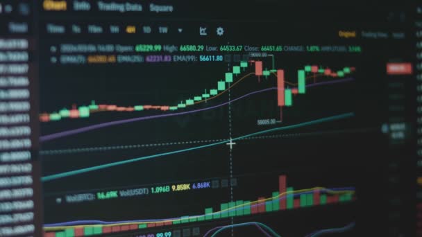 Wykres Bitcoin Ekranie Komputera Podstawowa Techniczna Analiza Japońskim Wykresem Świecznika — Wideo stockowe