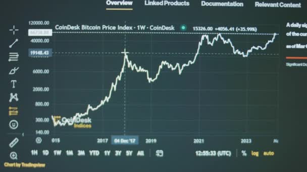 コンピュータ画面のビットコイン価格指数グラフ 技術的な分析 投資コンセプト — ストック動画