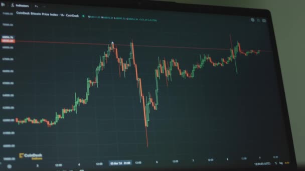 在电脑屏幕上有蜡烛的比特币货币图 使用光纤通道进行图形分析 加密货币和金融市场价值 交流概念 — 图库视频影像