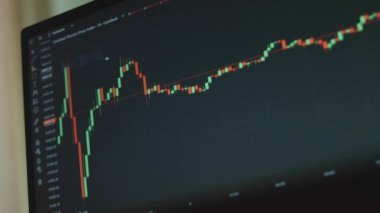 Bilgisayar ekranında mumlar olan Bitcoin para birimi grafiği. Grafik analizi için dikdörtgen araç kullanılıyor. Kripto para ve finansal piyasa değerleri. Değişim konsepti