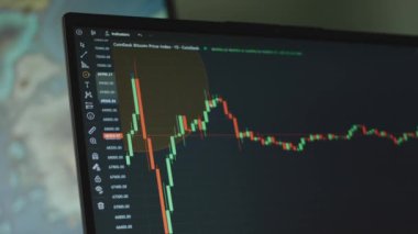 Bilgisayar ekranında mumlar olan Bitcoin para birimi grafiği. Grafik analizi için Çember aracı kullanılıyor. Kripto para ve finansal piyasa değerleri. Değişim konsepti