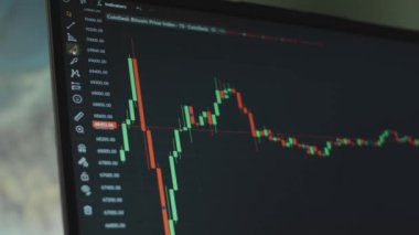 Bilgisayar ekranında mumlar olan Bitcoin para birimi grafiği. Grafik analizi için ark aracı kullanılıyor. Kripto para ve finansal piyasa değerleri. Değişim konsepti