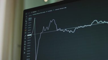 Bilgisayar ekranında çizgileri olan bitcoin para birimi grafiği. Grafik analizi için Hayalet Besleme aracı kullanılıyor. Kripto para ve finansal piyasa değerleri. Değişim konsepti