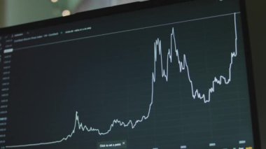 Bilgisayar ekranında çizgileri olan bitcoin para birimi grafiği. Grafik analizi için Döngüsel Çizgiler aracı kullanılıyor. Kripto para ve finansal piyasa değerleri. Değişim konsepti