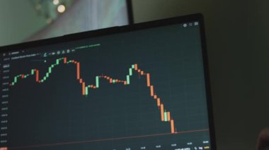 Bilgisayar ekranında Bitcoin grafiği. Destek çizgileri çizerek ve fiyat artışı tahmininde bulunarak şamdan grafik grafiğinin teknik analizi. Yatırım kavramı.
