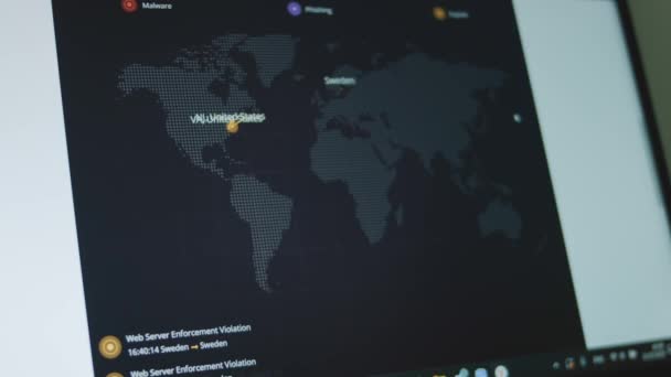 세계의 글로벌 사이버 노트북 화면에서 라이브 미국과 사이의 사이버 클로즈업 — 비디오