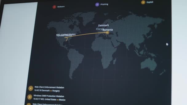 Globális Kibertámadás Világ Minden Tájáról Élőben Laptop Képernyőjén Vírus Online — Stock videók