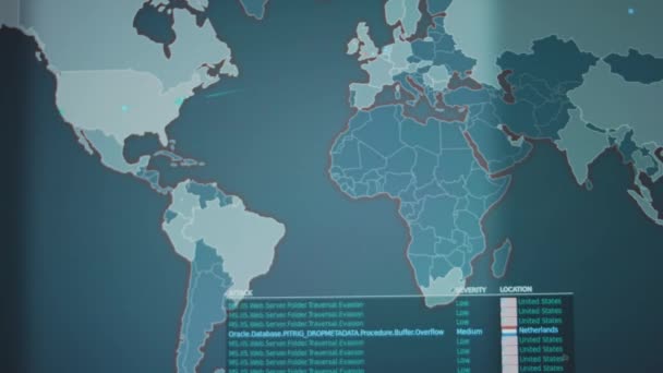 Monitorování Celosvětových Kybernetických Útoků Mapu Světa Obrazovce Notebooku Usa Pod — Stock video