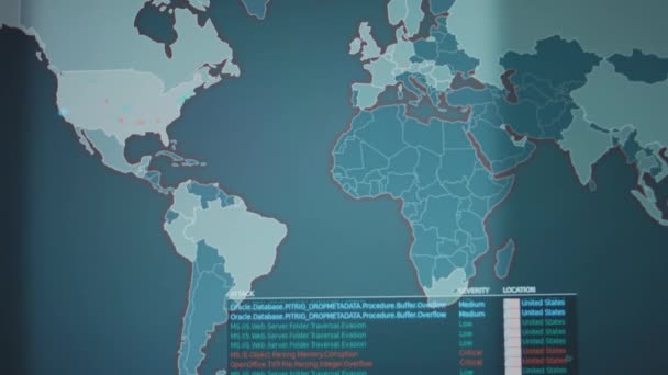 在笔记本电脑屏幕上监视世界地图上的全球网络攻击 美国正在遭受网络攻击和反击 — 图库视频影像