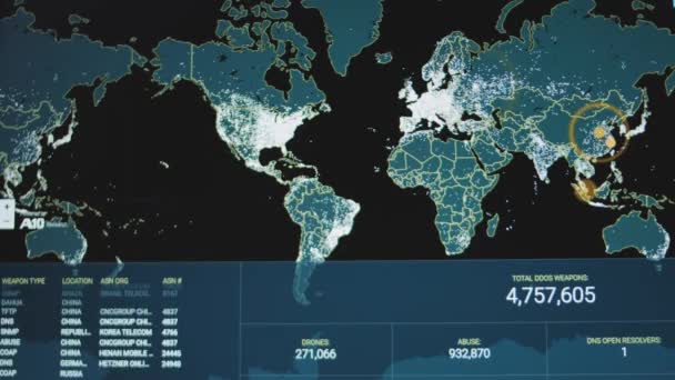 Wereldkaart Met Cyberaanvallen Ddos Wapens Totaal Gebruik Van Drones Gevallen — Stockvideo