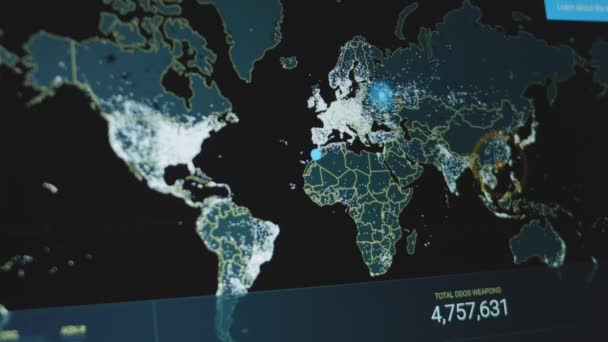 Mapa Mundial Que Muestra Ataques Cibernéticos Contando Uso Total Armas — Vídeo de stock