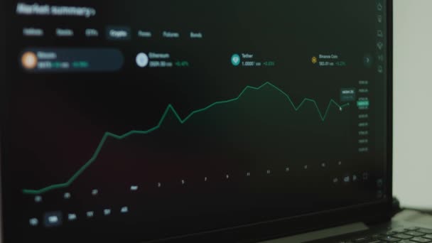 Обзор Графика Биткойна Экране Ноутбука Концепция Инвестирования Bitcoin Криптовалют — стоковое видео