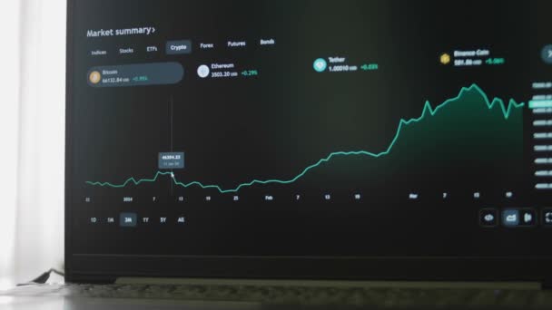 Bitcoin Grafiek Overzicht Van Drie Maanden Rapport Stijgen Vallen Laptop — Stockvideo