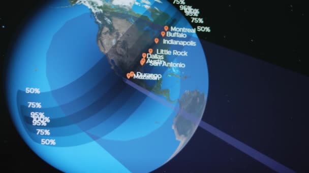 Napfogyatkozás Föld Grafikus Bemutatása Űrből Városokból Ahol Jelenség Megfigyelhető Láthatósági — Stock videók