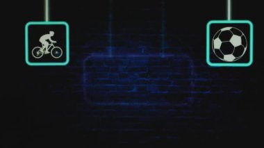 Spor Analitiği, duvarın arka planında spor sembolleriyle birlikte pembe neon çerçeveyle yazılmış. Spor konsepti.