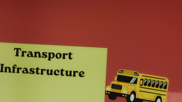 Transport Infrastructuur Inscriptie Gele Rode Achtergrond Met Bewegende Gele Bus — Stockvideo