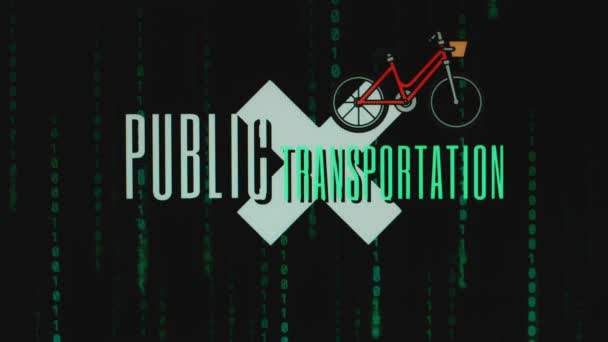 Openbaar Vervoer Inscriptie Zwarte Achtergrond Met Fietssymbool Grafische Presentatie Concept — Stockvideo