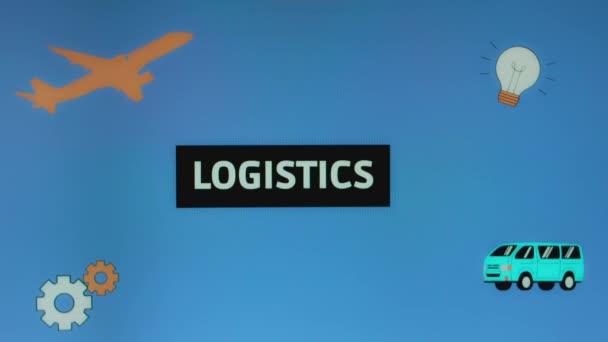 蓝色背景上的物流题词 附有运输图解 图形演示 运输概念 — 图库视频影像