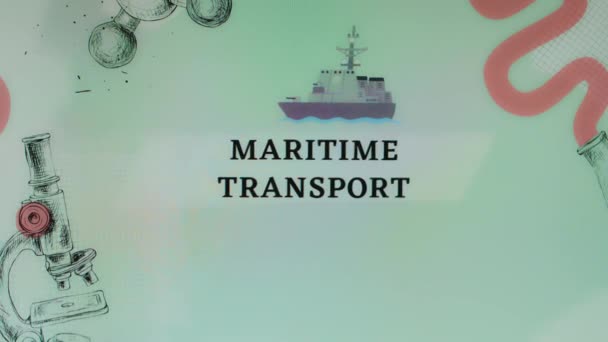 Inscripción Transporte Marítimo Sobre Fondo Verde Claro Con Ilustración Del — Vídeo de stock