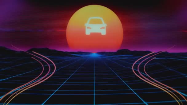 Urban Mobility Inscriptie Synth Wave Achtergrond Met Auto Symbool Grafische — Stockvideo